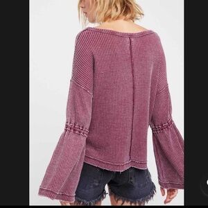Free People Dahlia Thermal Waffle Boho top Shirt Pullover Blue Wine Sz XS